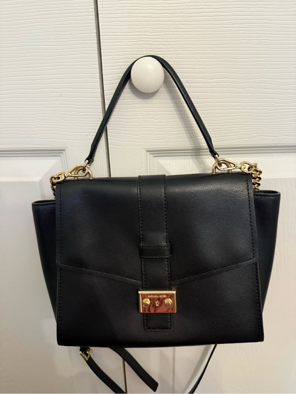 Michael Kors Black Leather Top-Handle Satchel with Gold Hardware